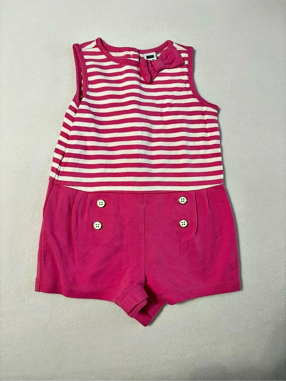 Janie and Jack Striped Romper in Pink & White Baby 18-24M